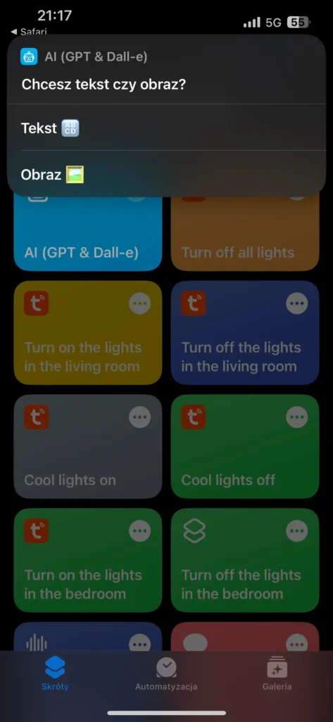 Przykład działania skrótu w aplikacji Skróty na IOS - AI (GPT & Dall-e) - "Chcesz tekst czy obraz?"