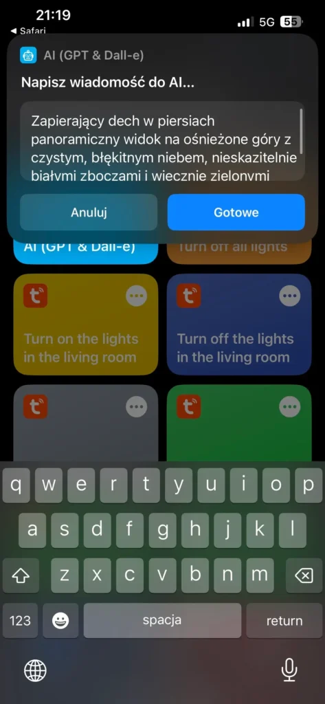 Przykład działania skrótu w aplikacji Skróty na IOS - AI (GPT & Dall-e) - Napisanie wiadomości do AI (Dall-e)