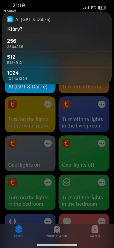Przykład działania skrótu w aplikacji Skróty na IOS - AI (GPT & Dall-e) - wybór rozmiaru obrazku