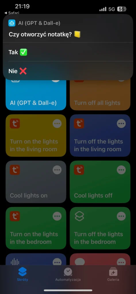 Przykład działania skrótu w aplikacji Skróty na IOS - AI (GPT & Dall-e) - "Czy chcesz otworzyć notatkę?"