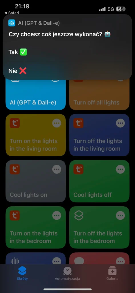 Przykład działania skrótu w aplikacji Skróty na IOS - AI (GPT & Dall-e) - "Czy chcesz coś jeszcze wykonać?"