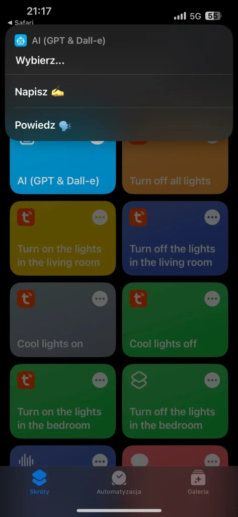Przykład działania skrótu w aplikacji Skróty na IOS - AI (GPT & Dall-e)