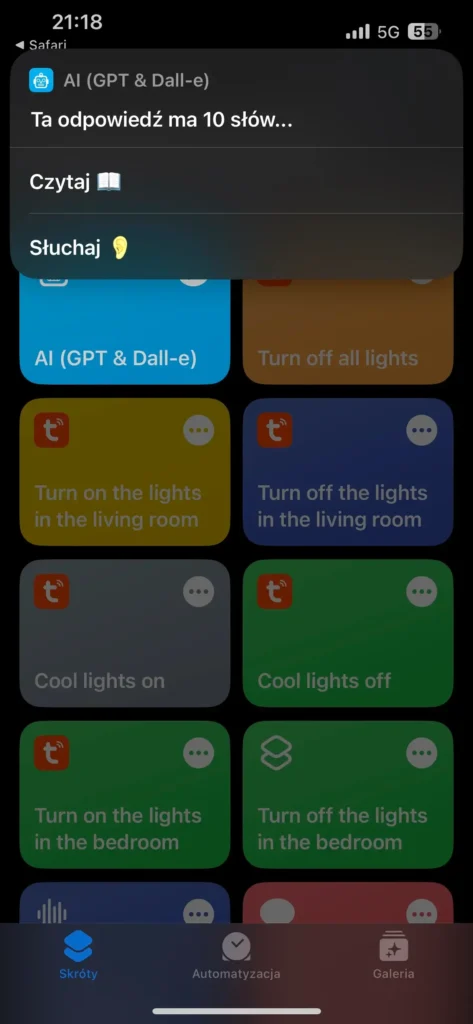 Przykład działania skrótu w aplikacji Skróty na IOS - AI (GPT & Dall-e) - odpowiedź od AI