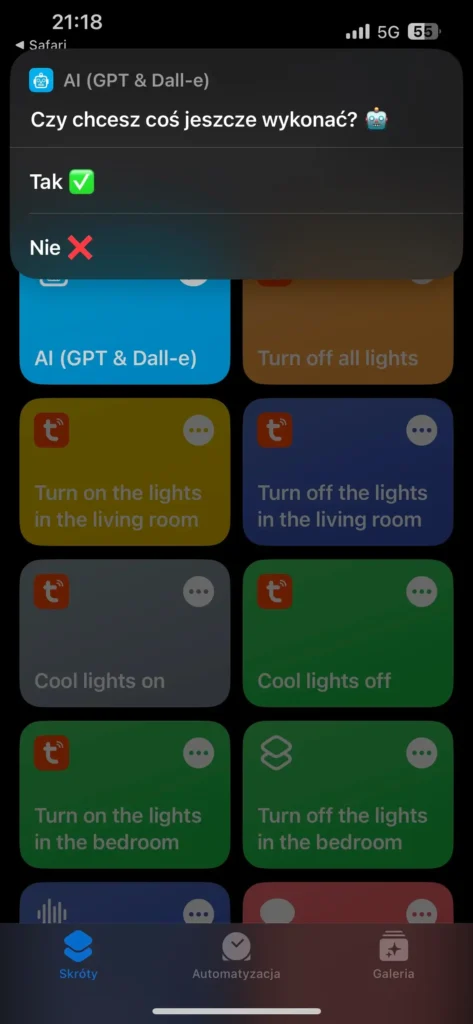 Przykład działania skrótu w aplikacji Skróty na IOS - AI (GPT & Dall-e) - "Czy chcesz coś jeszcze wykonać?"
