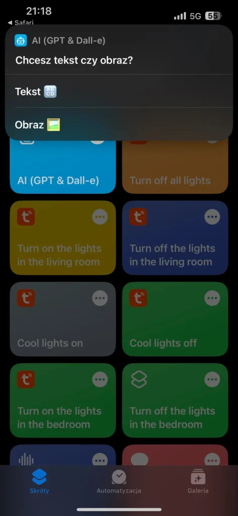Przykład działania skrótu w aplikacji Skróty na IOS - AI (GPT & Dall-e) - "Chcesz tekst czy obraz?"