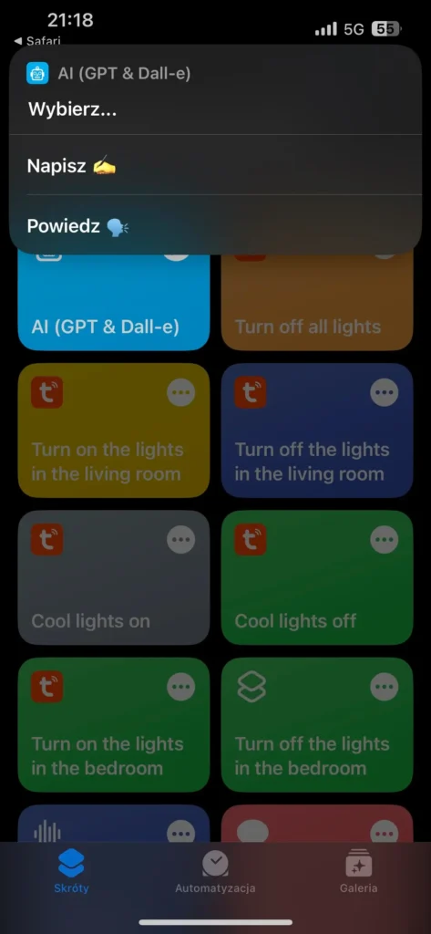 Przykład działania skrótu w aplikacji Skróty na IOS - AI (GPT & Dall-e)