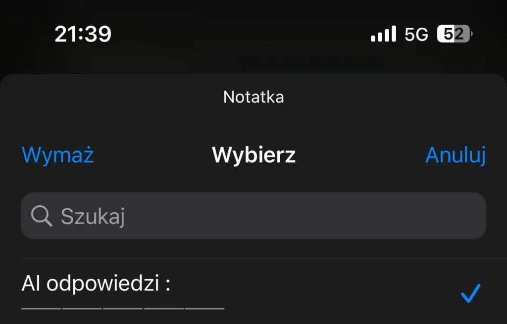 Wybór notatki w aplikacji Skróty
