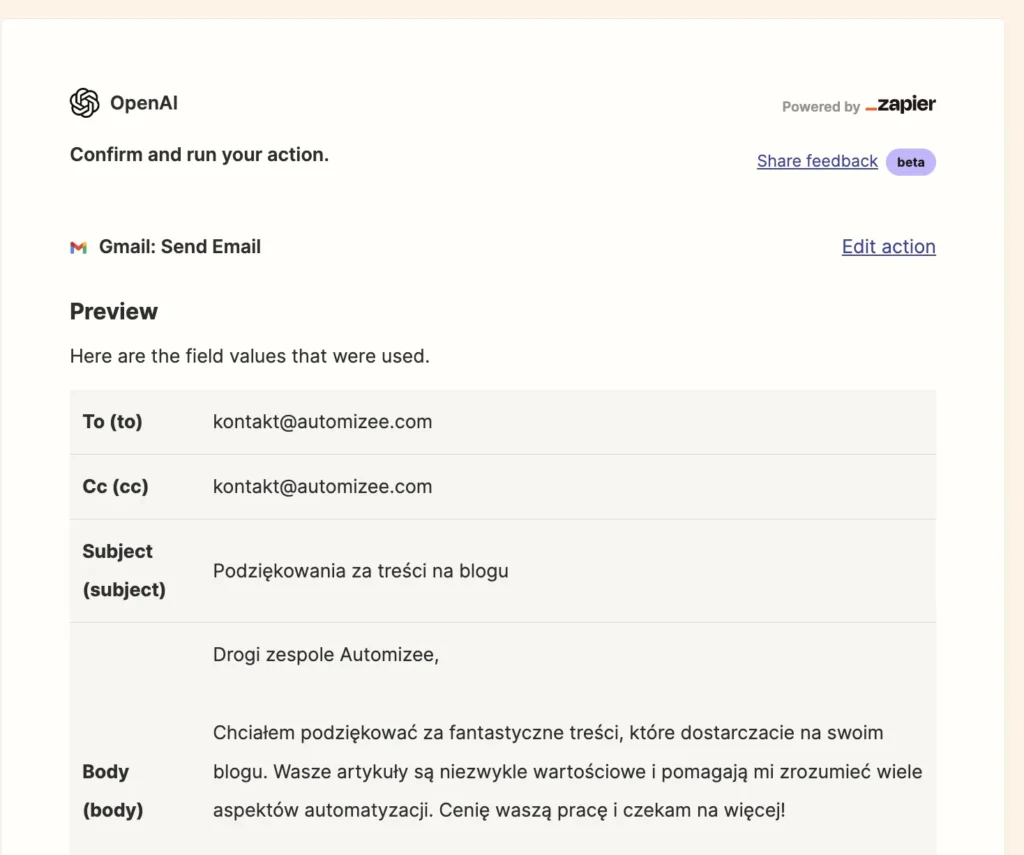 Ekran potwierdzający działanie Zapier
