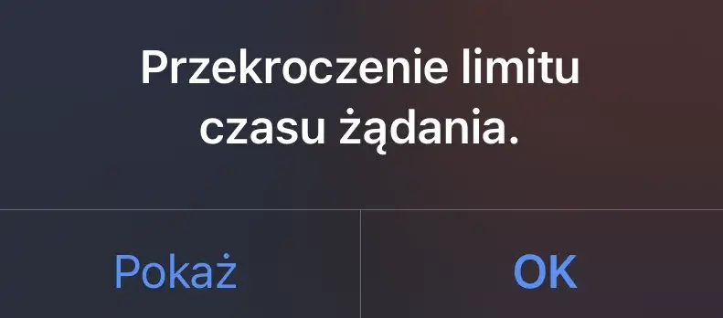 Powiadomienie w aplikacji Skróty na IOS - Przekroczenie limitu czasu żądania.