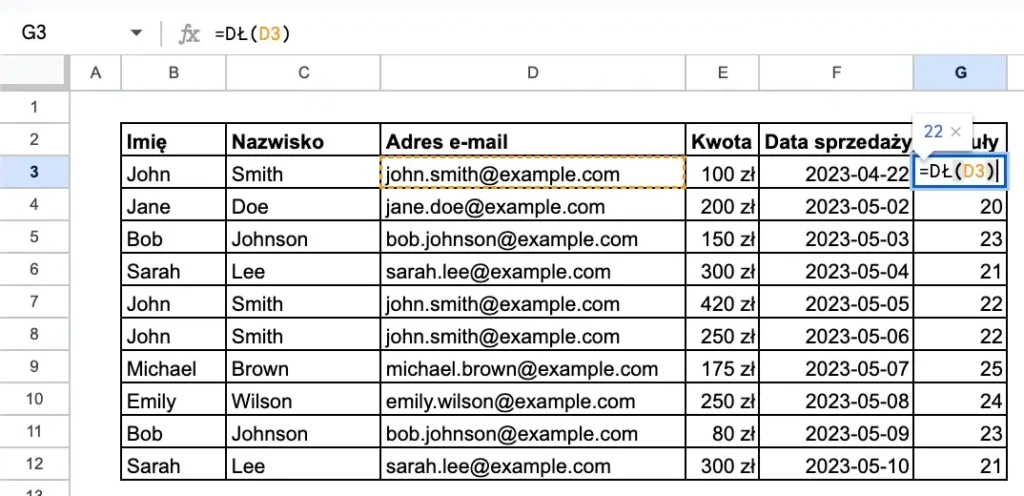 Przykład funkcji długość w Google Sheets - ilość znaków w adresie e-mail