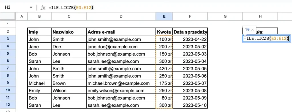 Przykład funkcji ile liczb w Google Sheets - całkowita ilość sprzedaży