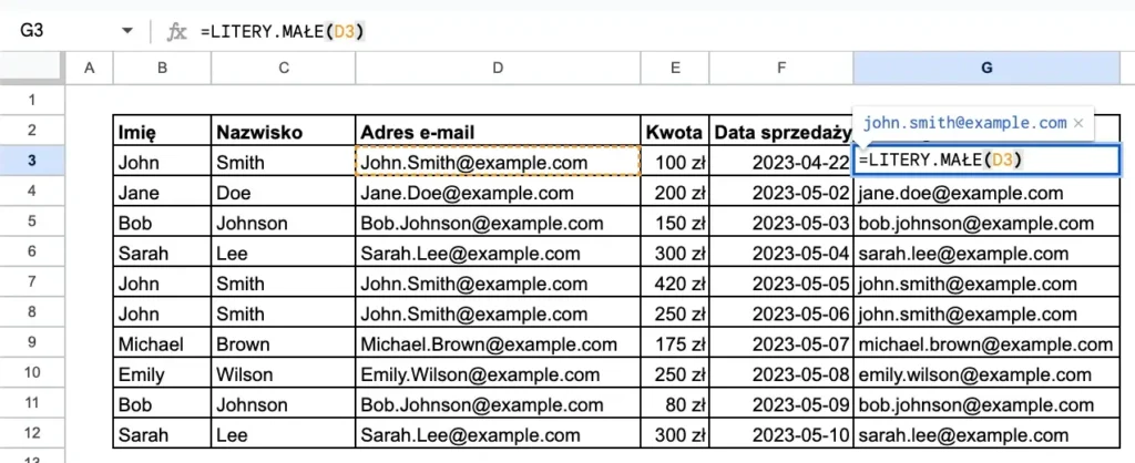 Przykład funkcji litery małe w Google Sheets - zmiana tekstu na całkowicie małe litery
