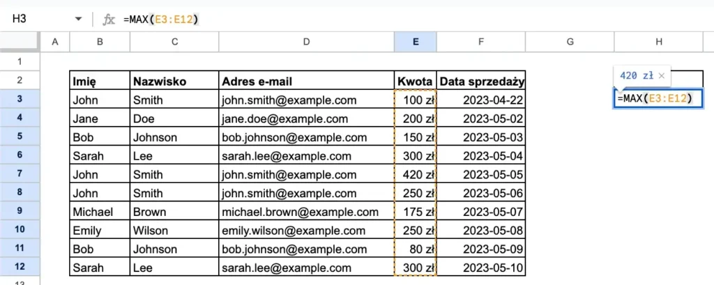 Przykład funkcji maksimum w Google Sheets - maksymalna kwota sprzedaży
