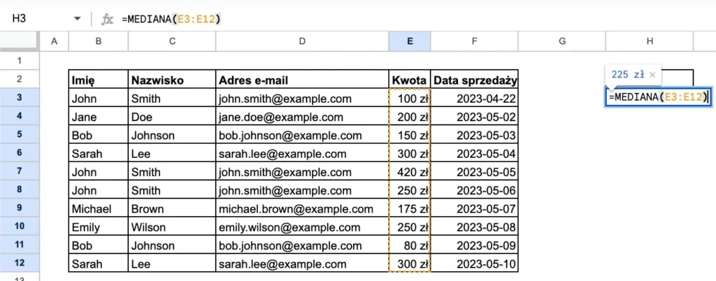 Przykład funkcji mediana w Google Sheets - środkowa wartość w zbiorze