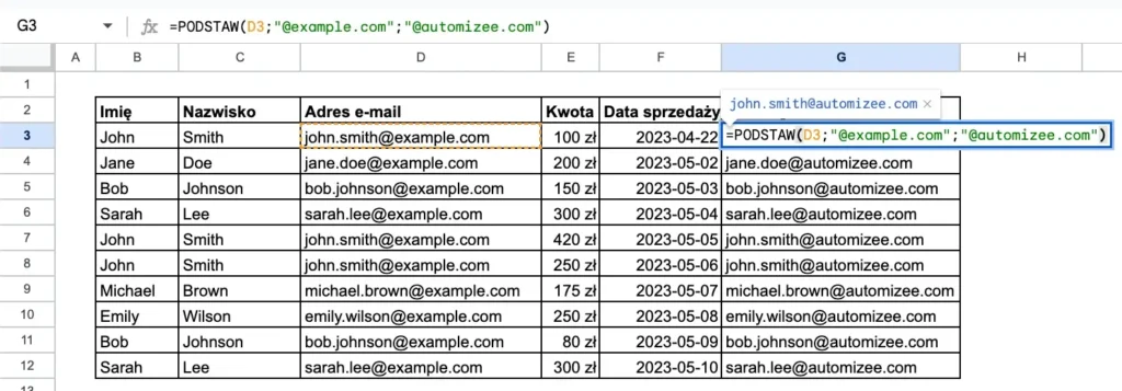 Przykład funkcji podstaw w Google Sheets - zmiana domeny w adresie e-mail