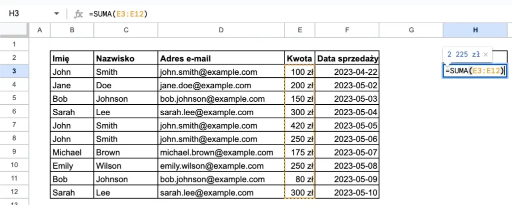 Przykład funkcji suma w Google Sheets - suma kwoty sprzedażowej