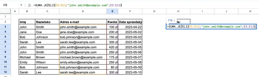 Przykład funkcji suma jeżeli w Google Sheets - suma sprzedaży jednego pracownika