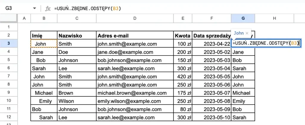 Przykład funkcji usuń zbędne odstępy w Google Sheets - usuwanie białych znaków (spacji) z tekstu
