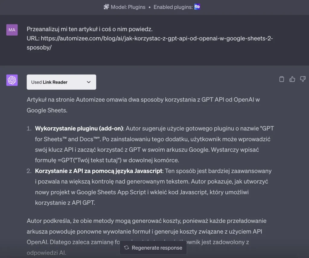 Przykład użyciu pluginu Link Reader w ChatGPT Plus