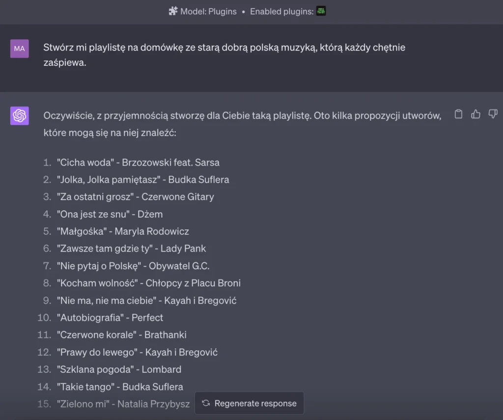 Przykład użyciu pluginu Playlist AI w ChatGPT Plus