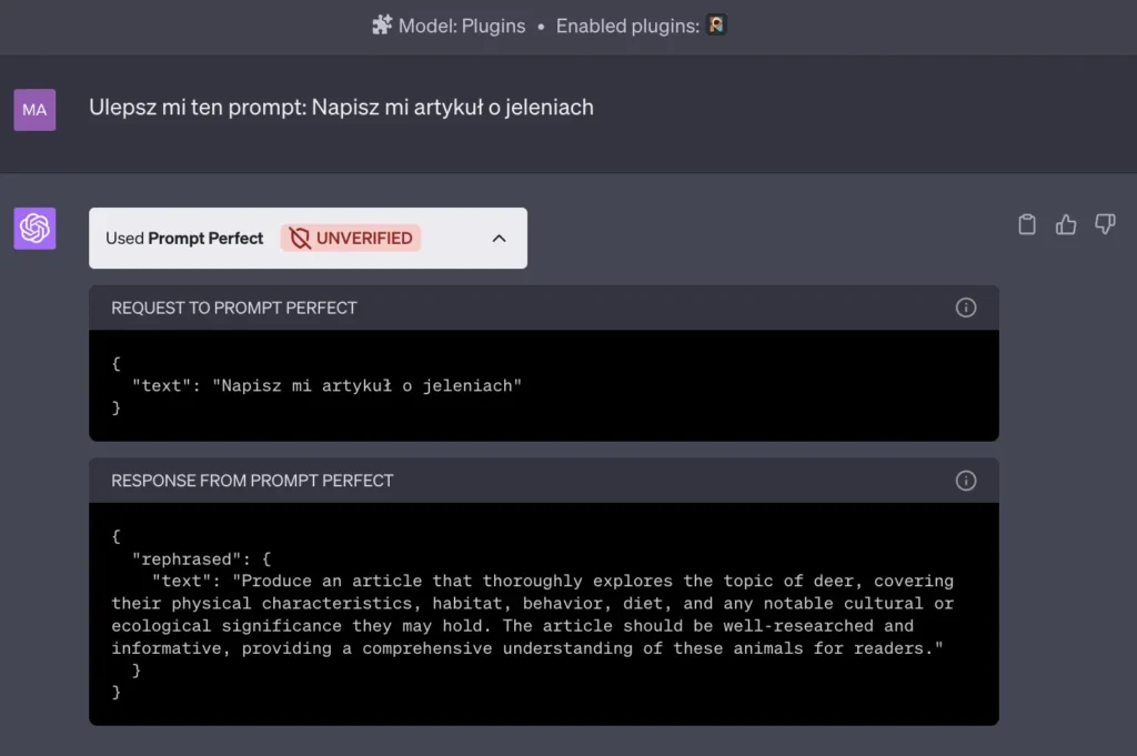 Przykład użyciu pluginu Prompt Perfect w ChatGPT Plus