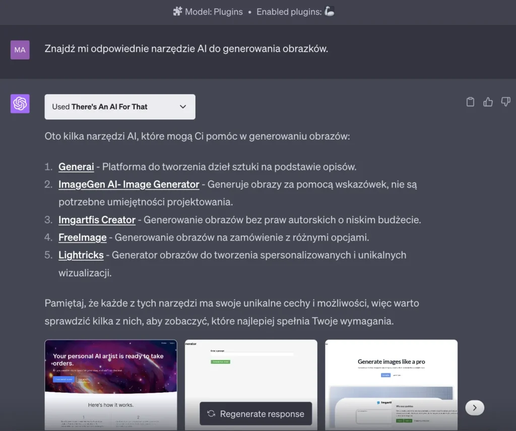 Przykład użyciu pluginu There's An AI For That w ChatGPT Plus