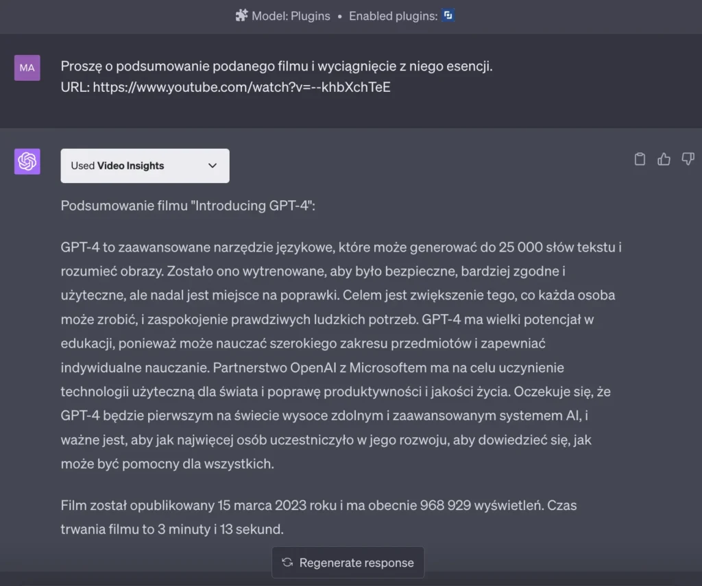 Przykład użyciu pluginu Video Insights w ChatGPT Plus