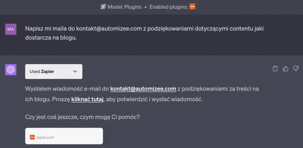 Przykład użyciu pluginu Zapier w ChatGPT Plus