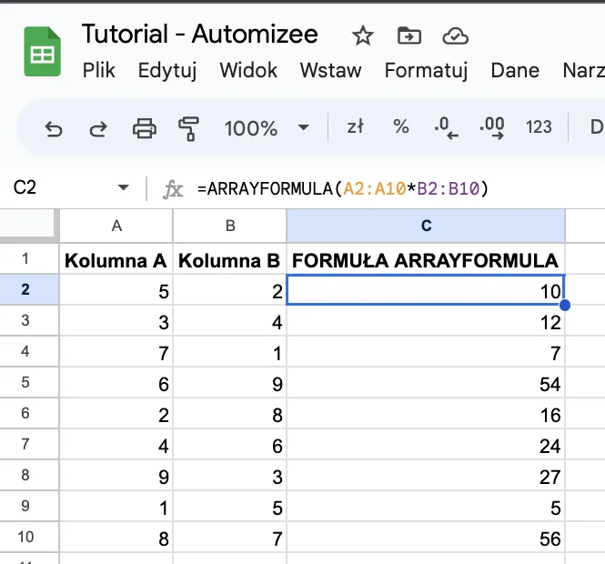 Przykład użycia formuły ARRAYFORMULA w Google Sheets