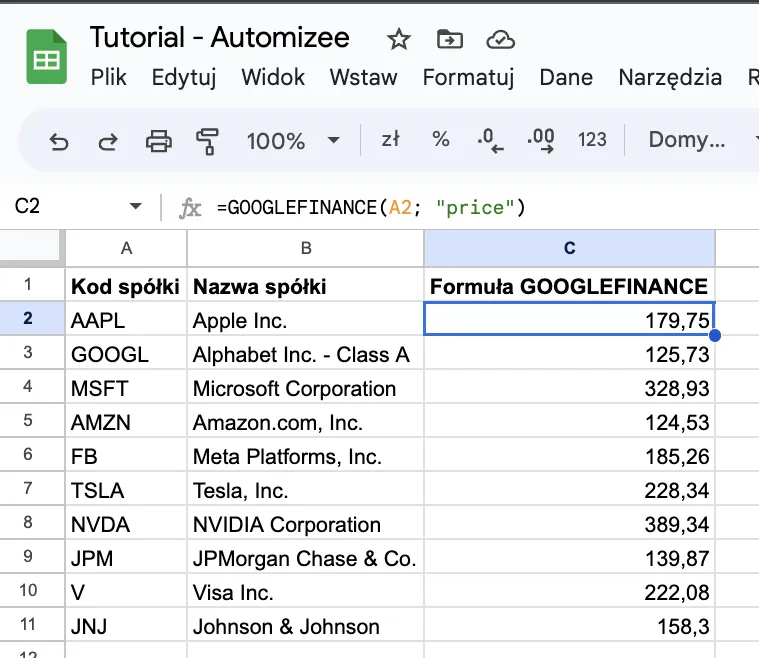 Przykład użycia formuły GOOGLEFINANCE w Google Sheets