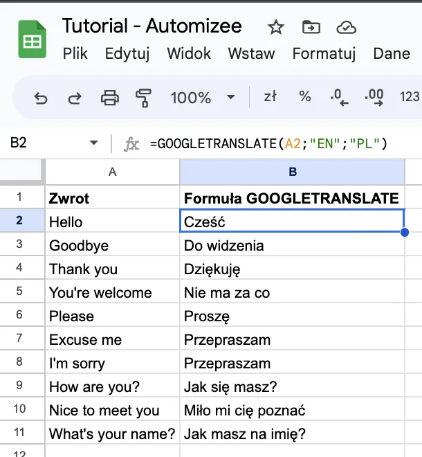 Przykład użycia formuły GOOGLETRANSLATE w Google Sheets