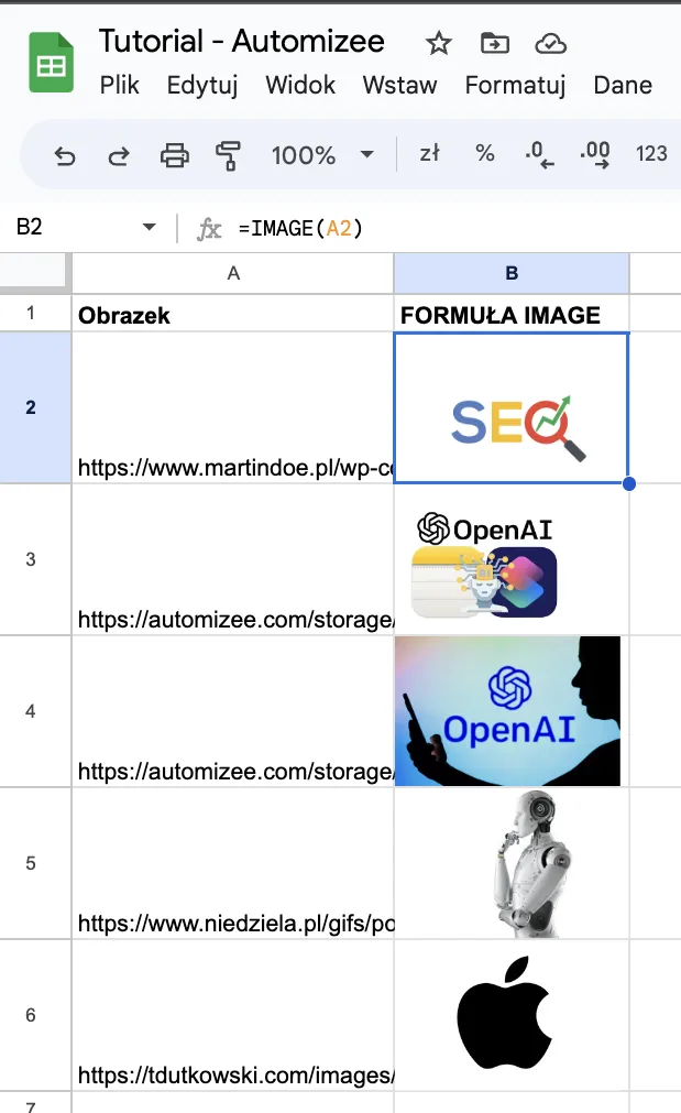 Przykład użycia formuły IMAGE w Google Sheets