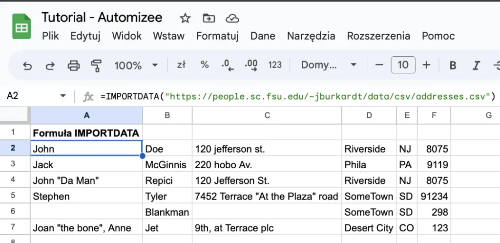 Przykład użycia formuły IMPORTDATA w Google Sheets