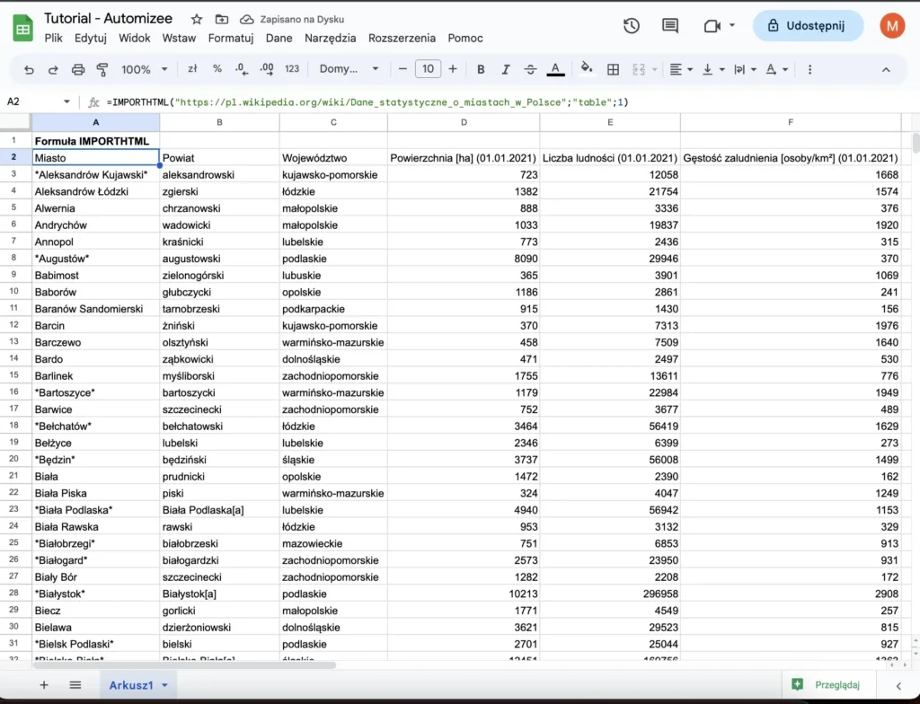 Przykład użycia formuły IMPORTHTML w Google Sheets