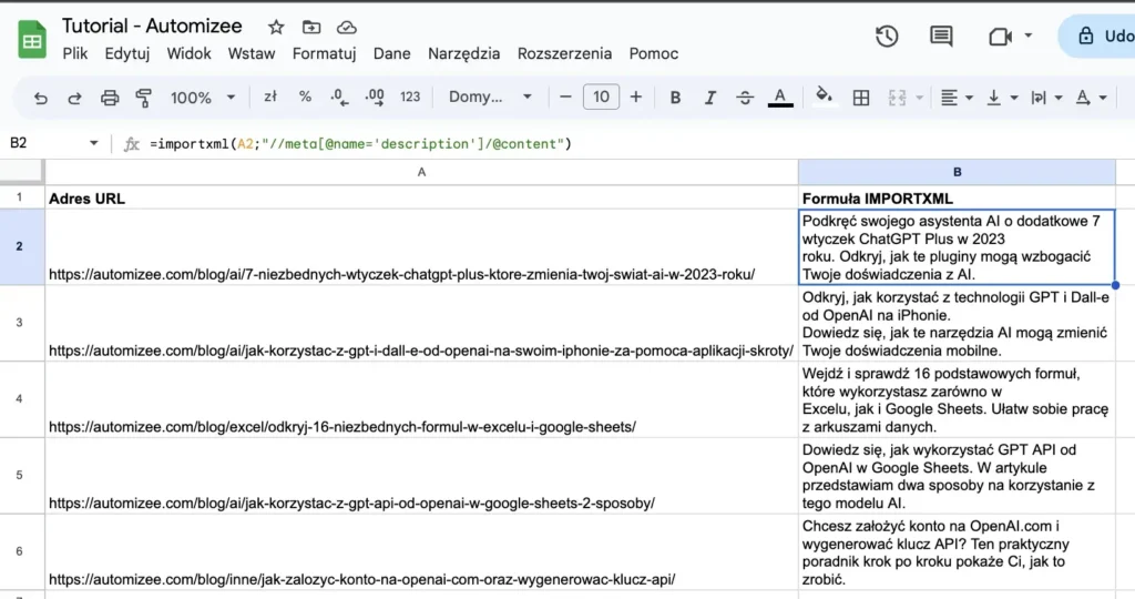 Przykład użycia formuły IMPORTXML w Google Sheets