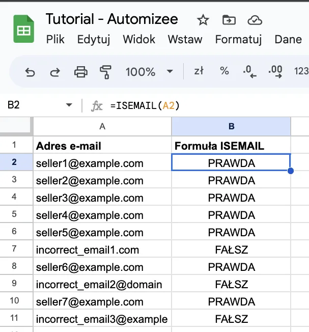 Przykład użycia formuły ISEMAIL w Google Sheets