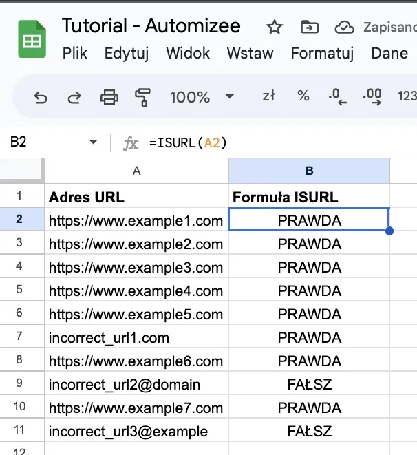 Przykład użycia formuły ISURL w Google Sheets