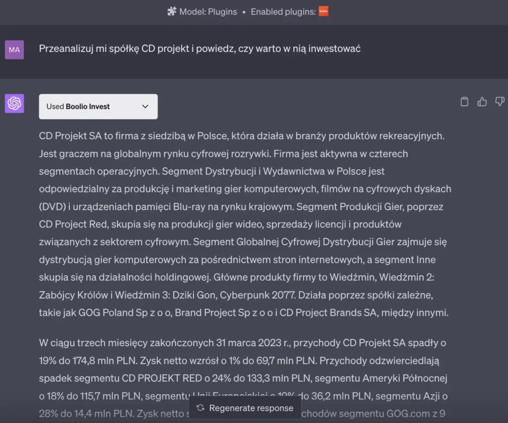 Przykład użycia wtyczki Boolio Invest w ChatGPT Plus - 1