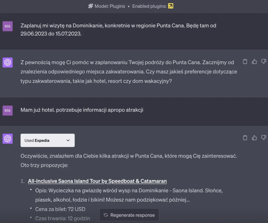 Przykład użycia wtyczki Expedia w ChatGPT Plus - 1