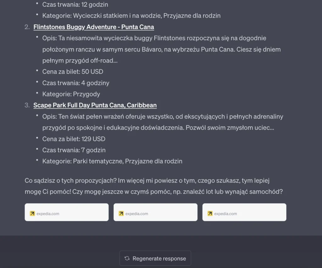 Przykład użycia wtyczki Expedia w ChatGPT Plus - 2