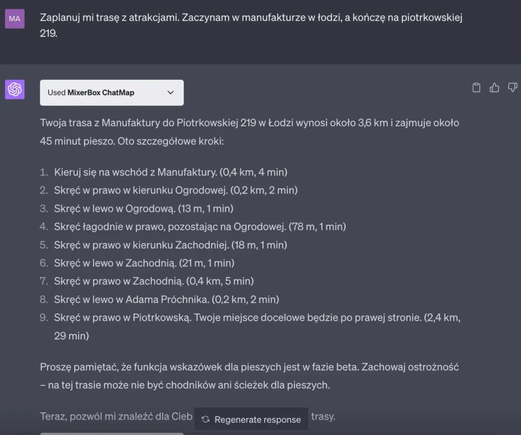 Przykład użycia wtyczki MixerBox ChatMap w ChatGPT Plus - 1