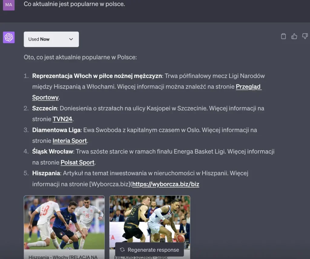 Przykład użycia wtyczki Now w ChatGPT Plus