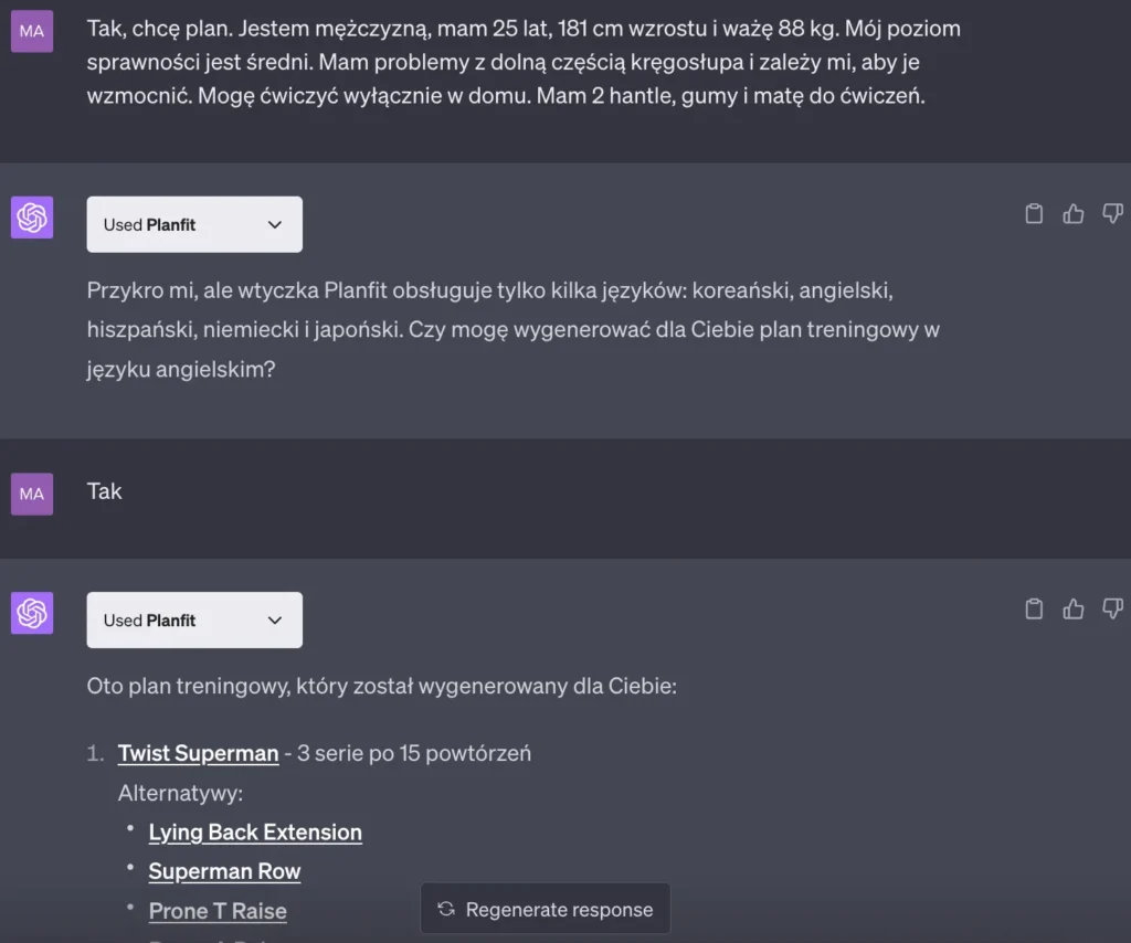 Przykład użycia wtyczki Planfit w ChatGPT Plus - 1