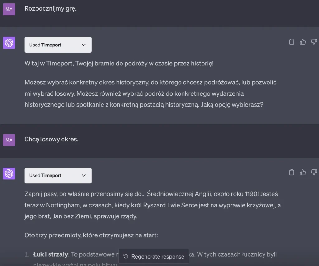 Przykład użycia wtyczki Timeport w ChatGPT Plus - 1