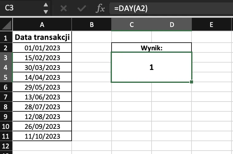 Przykład użycia funkcji DAY w excelu
