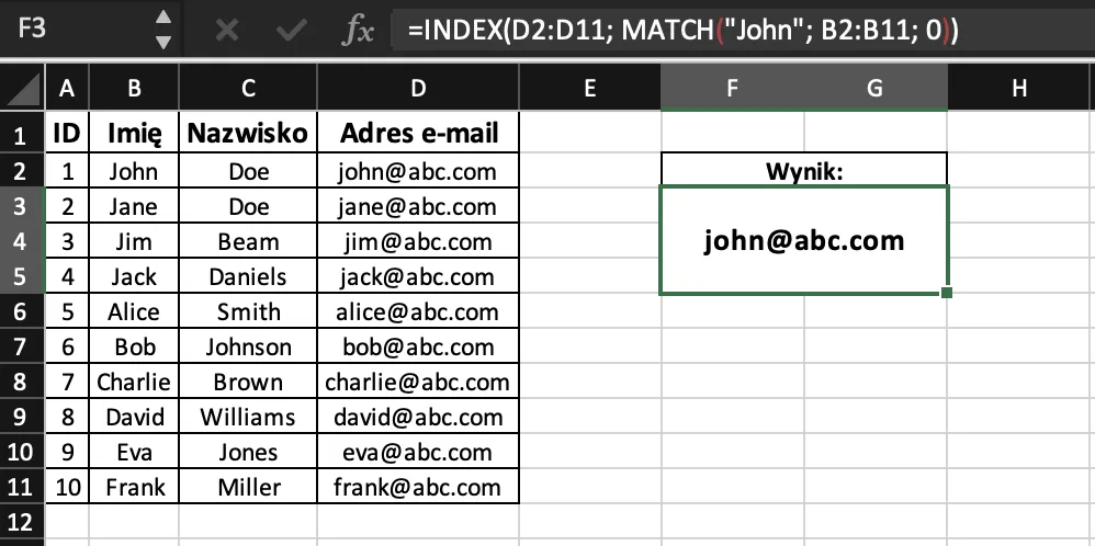 Przykład użycia funkcji INDEX i MATCH jednocześnie w excelu