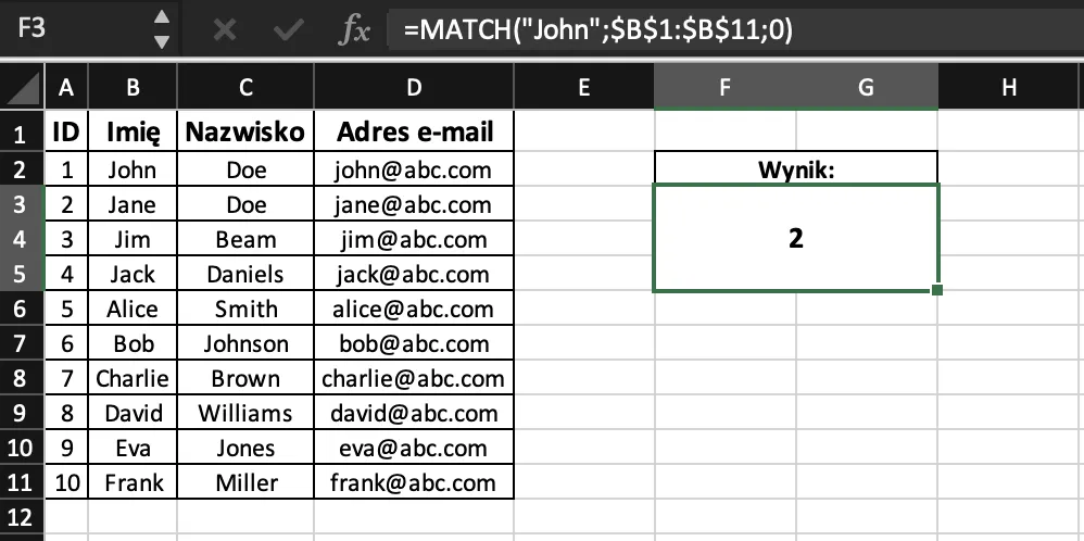 Przykład użycia funkcji MATCH w excelu