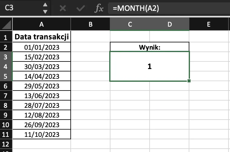 Przykład użycia funkcji MONTH w excelu