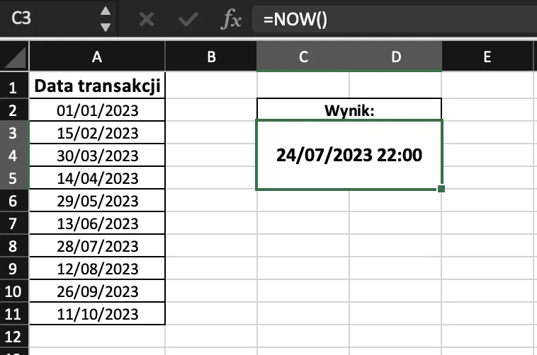 Przykład użycia funkcji NOW w excelu