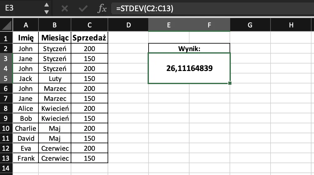 Przykład użycia funkcji STDEV w excelu - uśrednione dane